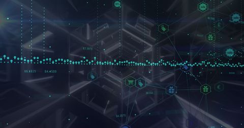 Futuristic Data Network with Tech Icons Over Hexagonal Tunnel - Download Free Stock Images Pikwizard.com