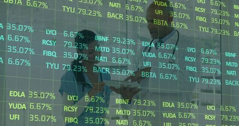 Healthcare professionals collaborating with digital ticker overlay