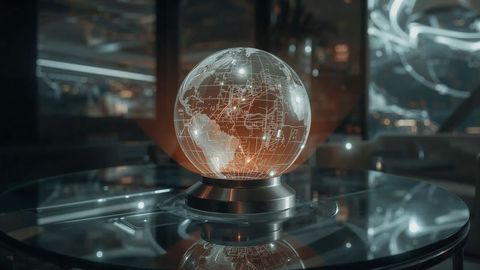 Holographic globe display in futuristic control room setting
