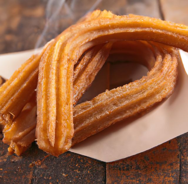 Close up of churros on wooden background created using generative ai technology. Sweets, nutrition and food concept, digitally generated image.