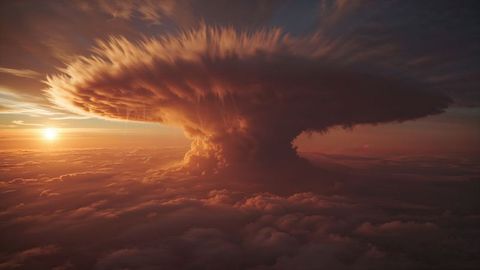 Majestic cumulonimbus cloud illuminated by sunset airstrikes glow