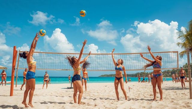 Four women playing beach volleyball on tropical shoreline jumping and blocking under blue sky