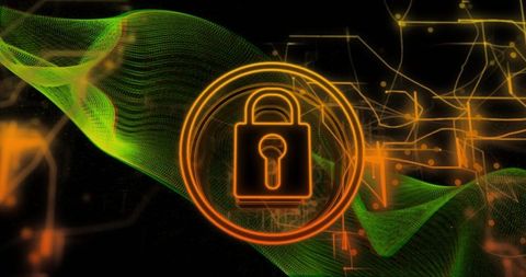 Spinning Orange Padlock on Digital Background Encryption Concept