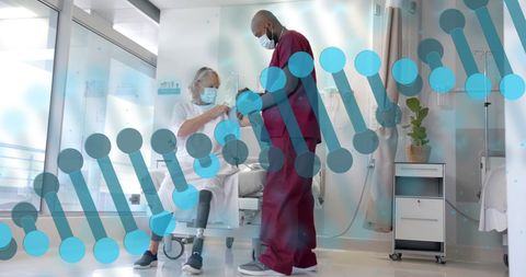 Doctor checking senior patient's pulse with dna strand overlay in hospital