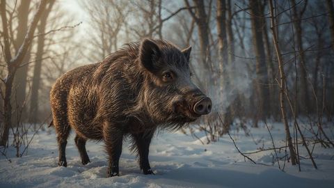 Wild Boar Exhaling in Snowy Winter Forest at Golden Hour
