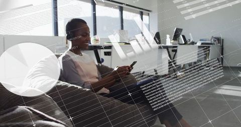 Businesswoman Using Smartphone in Modern Office with Digital Overlay