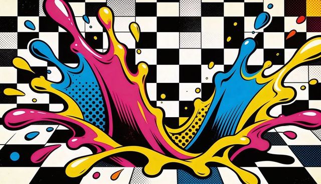 Exploding cmyk paint splash over checkerboard backdrop in bold pop art comic style