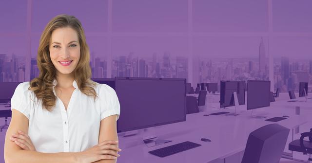 Digital composition of businesswoman standing with arms crossed against office in background