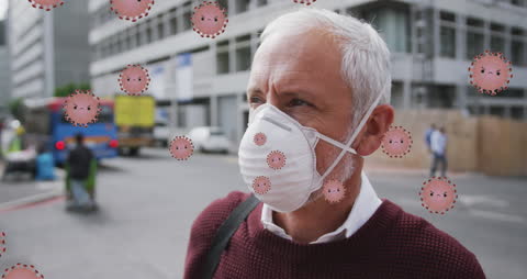 Senior Man Wearing Face Mask Surrounded by COVID-19 Animation