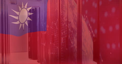 Taiwanese Flag Overlaid on Futuristic Server Room Innovation
