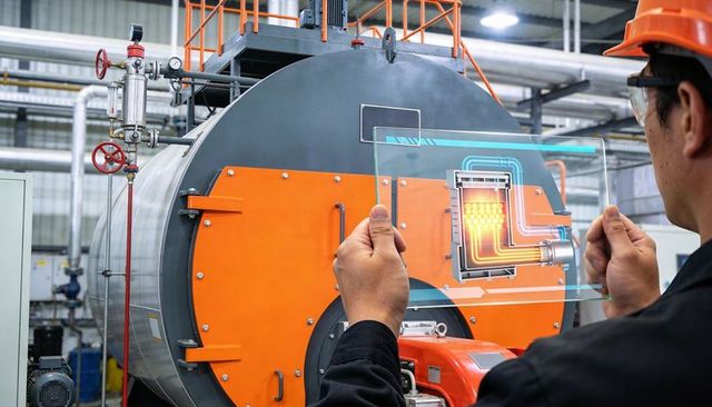 Engineer aligning smart control panel to industrial boiler with augmented reality overlay