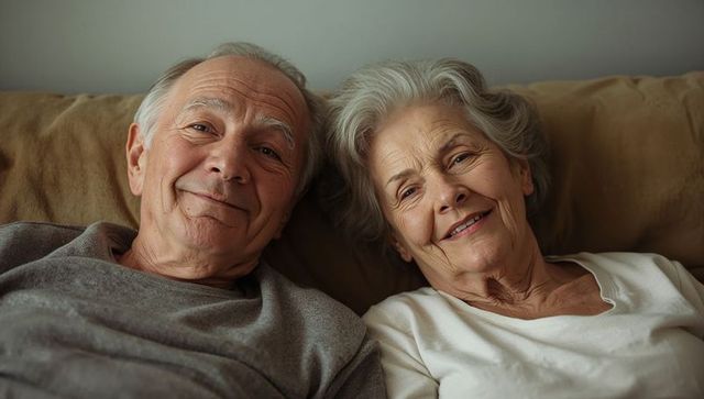 Reclining senior couple sharing warm intimate moment on beige couch, relaxed and smiling
