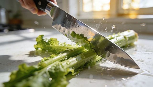 Chef knife slicing wet romaine lettuce on white board with water droplets and warm sunlight