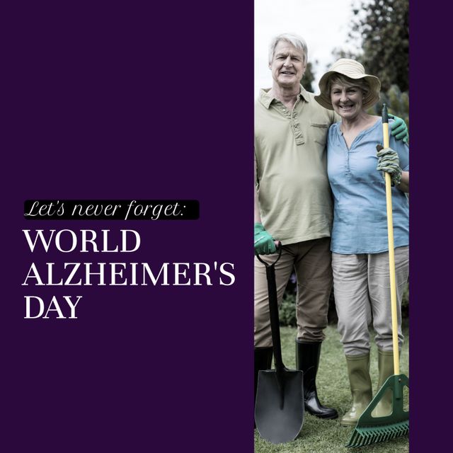 Composite of world alzheimer's day text over happy senior caucasian couple. World alzheimer's day and health concept digitally generated image.