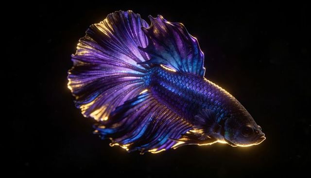 Gliding iridescent blue purple betta displaying flowing fins with golden rim lighting