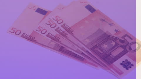 Euro Bills Falling on Purple Background with Digital Effect