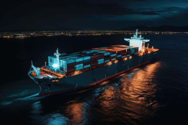 Cargo ship sailing at night with city lights illuminating the horizon. Useful for themes related to international trade, maritime transportation, logistics, and global shipping networks. Perfect for illustrating sea freight operations and port activities.