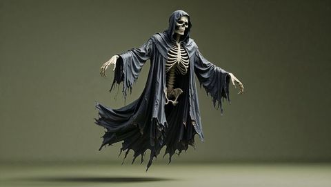 Mystical grim reaper in hooded cloak hovering mysteriously