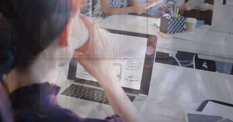 Woman Analyzing Flowchart on Laptop during Office Meeting
