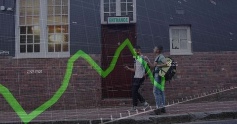 Young men walking with backpacks and smartphone in urban overlaid with green trend graph