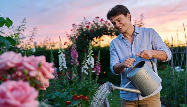 Smiling gardener watering blooming rose bed at sunset with vintage metal watering can