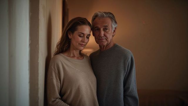 Mature couple sharing quiet moment in cozy home hallway, warm intimate lifestyle portrait