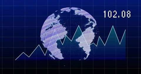 Digital earth dashboard showing global market trendline and financial data visualization