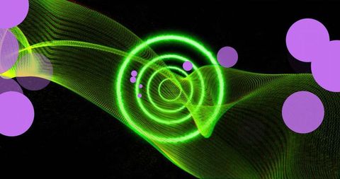 Glowing Green Vortex on Black Background with Purple Light Orbs