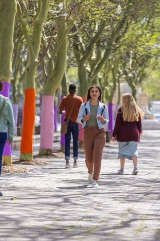 African american woman walking down tree-lined avenue with colorful painted trunks