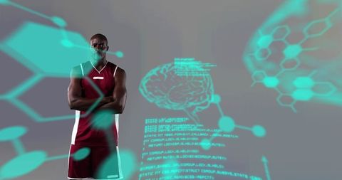 Motivated Basketball Player Embraces Technology with Futuristic Overlay