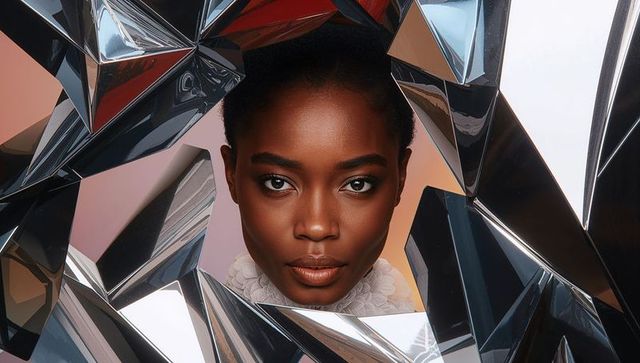 Glamour portrait framed by reflective geometric facets capturing soft highlights