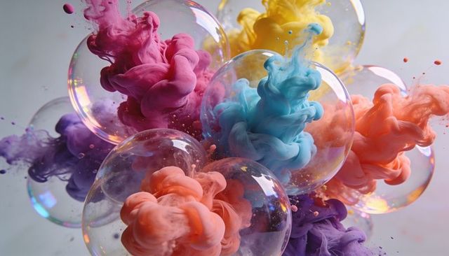 Swirling pastel pigment plumes inside iridescent glass orbs with glossy reflections