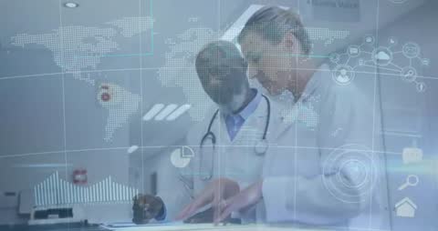 Doctors Analyzing Healthcare Data, Holographic Interface Integration