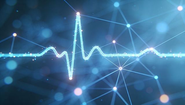 Neon ecg pulse network visualization with glowing nodes and particle sparks for medical tech