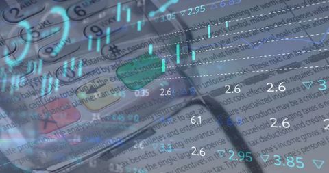Financial analysis concept: calculator, glasses, pen overlaid with candlestick market data