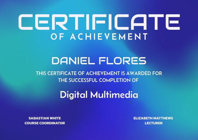 Ideal for recognizing achievement in digital multimedia courses or similar programs. Suitable for educators, corporate trainers, or digital media enthusiasts. Easily customizable with recipient's name and course details.