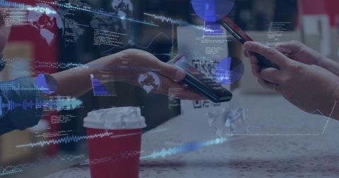 Contactless mobile payment at cafe counter with AR data overlays and two women tapping