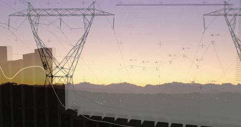 High-Voltage Transmission Tower Dominating Dusk Valley with Data Overlay and City Lights