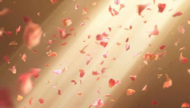 Drifting rose petals in golden light creating ethereal warm floral glow with dust