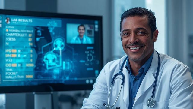 Smiling male physician in clinic using telemedicine screen with advanced medical ai display