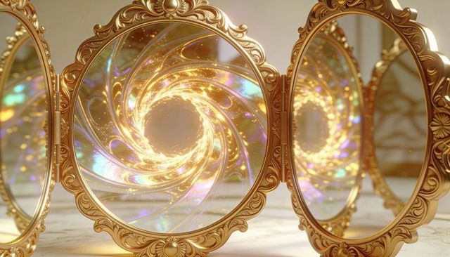 Gilded oval mirror revealing golden swirling vortex on marble tabletop, ornate portal