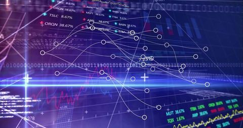 Futuristic financial dashboard visualizing flowing trend lines and glowing market data