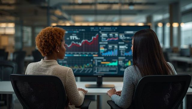 Professionals analyzing financial dashboards on widescreen monitor with rising red trend