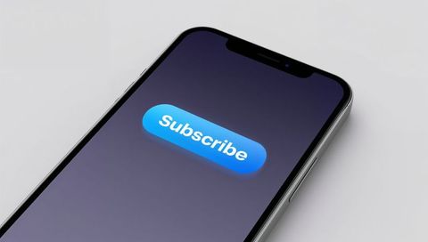 Displaying bright blue subscribe button on smartphone screen over minimalist gray surface