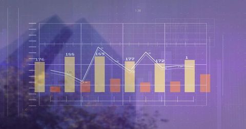 Translucent Data Visualization Overlaying Purple Mountain Dusk with Bar Chart and Line Graph