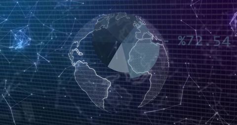 Displaying Holographic Globe with Pie Chart, Network Grid and Neon Analytics Overlay
