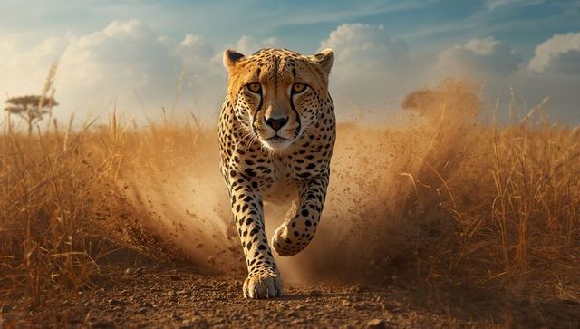 Cheetah sprinting through savannah creating dust swirl