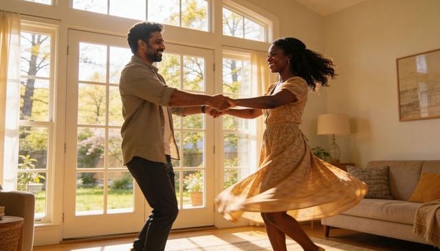 Couple twirling in sunlit living room near french doors, casual home dance moment