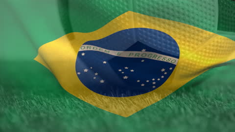 Brazilian Flag Overlay on Soccer Ball with Stadium Grass Background