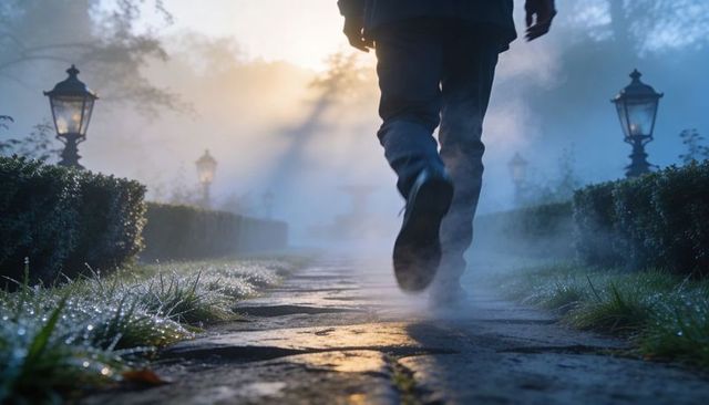 Backlit man walking on misty garden path with vintage lamps at twilight
